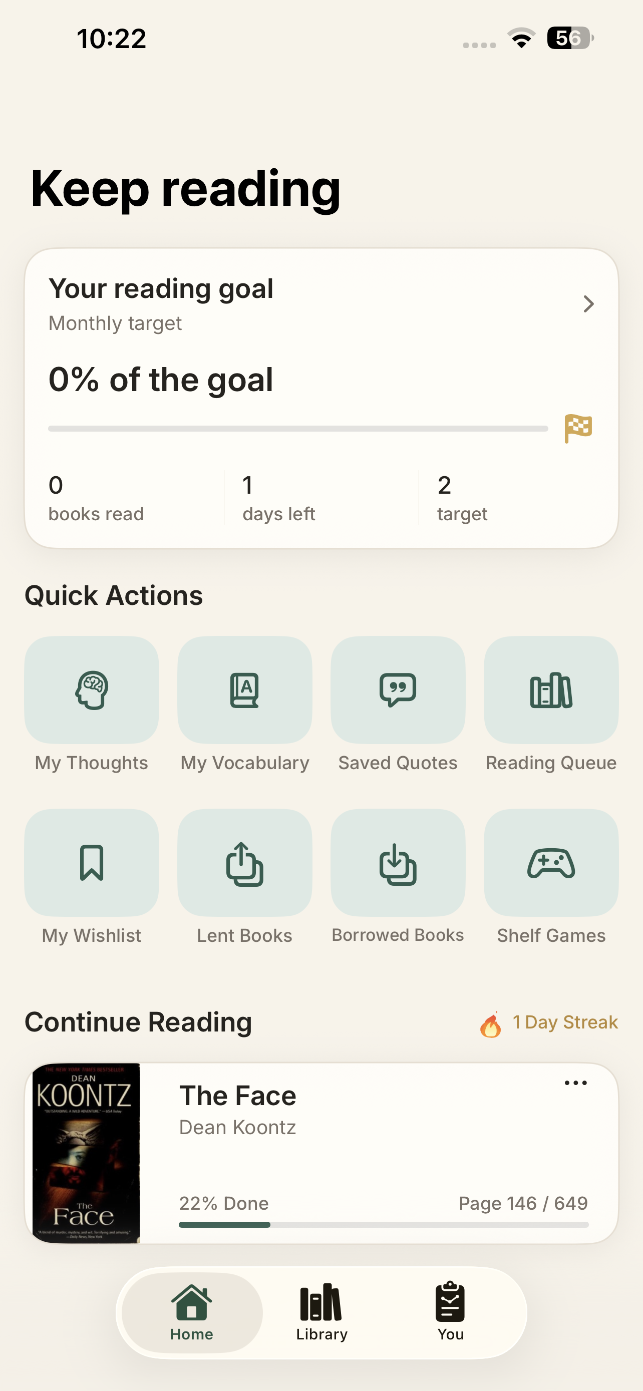 Orbil home reading progress screen
